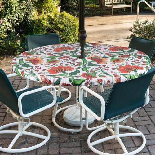 Youngseahome Round Outdoor Tablecloth with Umbrella Hole-Waterproof Fitted Table Cover with Elastic Zippered Wipeable Tablecloth,Fits 45"-54" Table Diameter for Picnic,Patio(Babala)
