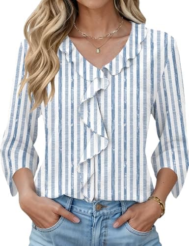 AKEWEI 3/4 Length Sleeve Womens Tops Dressy Casual Blouse Ruffle V Neck Shirts for Women Spring Summer Light Blue Stripe XL