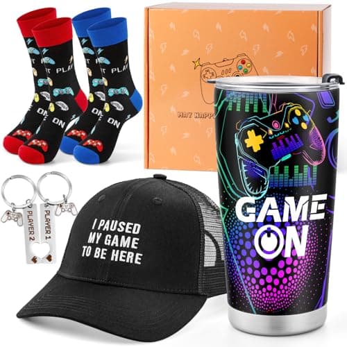 Jekeno Gamer Gaming Tumbler Gift Set for Kids Boys Teens Birthday Christmas Gamepad Gift Box for Men Dad Boyfriend Husband Brother Male Friends Video Game Lovers Mug Socks Hat Gift Basket Presents