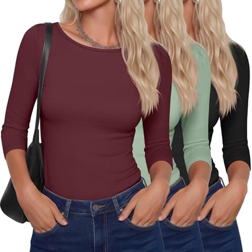 Ficerd 3 Pack Women's 3/4 Sleeve Boat Neck T Shirts Slim Fit Tight Basics Top Casual Comfy Tops(Black, Teal, Wine Red,Large)