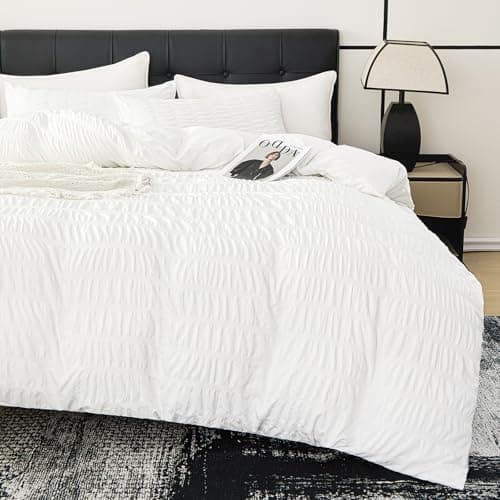 DCSKY White Duvet Cover King Size, Ultra Soft 3-Piece Boho Seersucker Duvet Cover Set with Zipper Closure, Soft Washed Microfiber Bedding Set (104"x90", 2 Pillowshams)