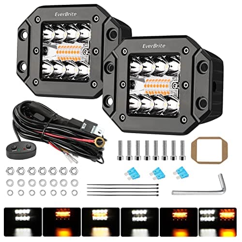 EverBrite 2PCS 48W Led Light Pods Flush Mount, Spot Flood White Amber Strobe 6 Modes with Memory Function, Off Road Fog Driving Light for Truck Car ATV SUV Cabin, 16AWG Wiring Harness Kit- 2 Leads