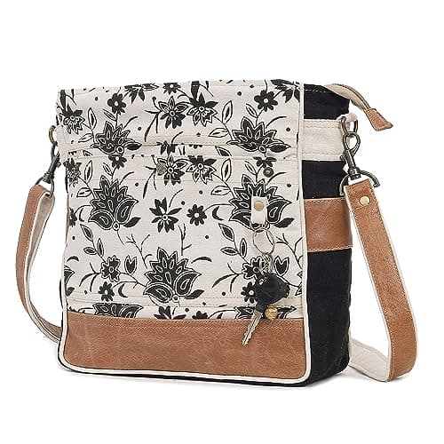 CLA Bags SEL de MER Upcycled Off-White Blossom Print Canvas & Leather Shoulder Bag, Canvas Crossbody Bags for Women (Off-White)