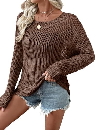 EVALESS Sweaters for Women Summer Cute 2026 Crochet Hollow Out Knit Tops Crewneck Long Sleeve Beach Cover Ups Cruise Outfits Coffee Large