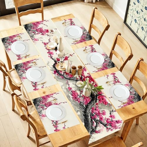 ANNA QUEEN Floral Table Runner and Placemats Set of 6 – 13"x72" Table Runner & 12"x18" Placemats, Cherry Blossom Ink Style Elegant Zen Dining Decor
