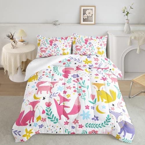 QOOMO Cartoon Fox Kids Comforter Set,Botanical Flowers Bed Set Queen for Girls Children Teens,Cartoon Moon Print Soft Bedding Set Bedroom Decoration, 1 Comforter Set 2 Pillowcases