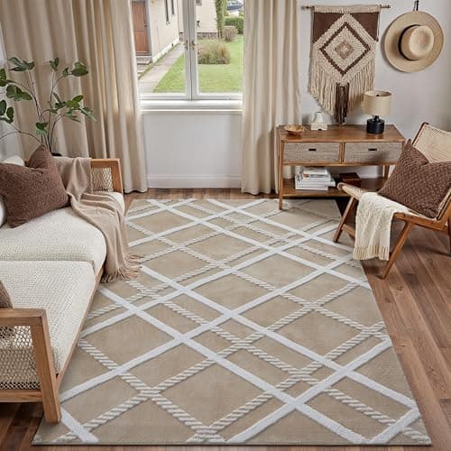 HUGEAR 4x6 Shag Area Rug Small Rug Beige Modern Neutral Medium Plush Pile Entryway Super Soft Throw Rugs Non Slip Non-Shedding Easy Care 0.5-inch Thick for High Traffic Areas in Living Room Bedroom
