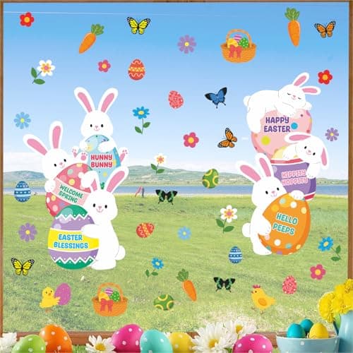 TOARTi Hippity Hoppity Happy Easter Window Clings Double-Side Hunny Bunny Wall Stickers Cartoon Bunny Rabbit Window Decals Colorful Easter Eggs Wall Decals Welcome Spring Easter Stickers