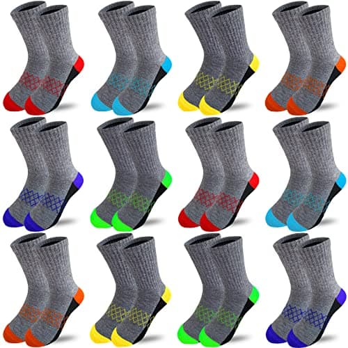 JAMEGIO 12 Pairs Boys Crew Socks Stretch Cushioned Athletic Cotton Sock for Big Little kids,Socks for Boys Age 2-8(6-8 Years)