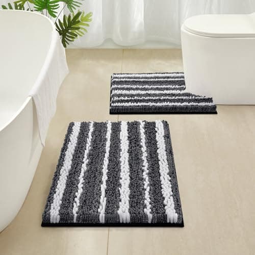 HOMEIDEAS Bathroom Rugs Sets 2 Piece, Cationic Dyed Chenille Extra Soft and Absorbent Non Slip Machine Washable Bath Toilet Mats (32"x20"+U 24"x20", Black)