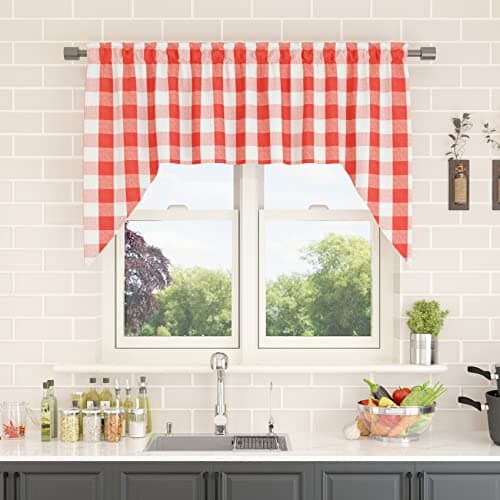 NATUS WEAVER Swags for Kitchen Window Curtain Valance 1 Panel Buffalo Check Swag Classic Country Farmhouse Window Curtain - Red & White, W 54" x L 36" with a 16" Center Drop