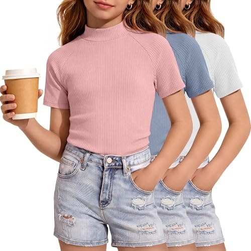LessonZoo 3 Pack Girls Shirts Short Sleeve Mock Turtleneck Summer Clothes Ribbed Knit Fitted Tops Kids Fashion Tees 5-14y(Light Pink, Light Blue, White,5-6 Years)
