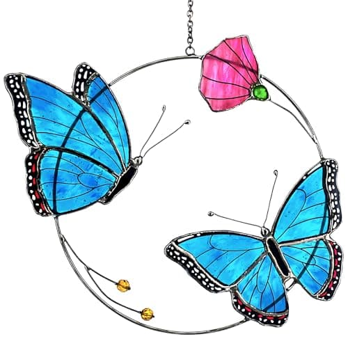 Cemovia 2 Morpho Butterfly Stained Glass Window Hanging - Handmade Suncatcher Real Glass - Blue Menelaus Butterflies Light Catcher Elegant Gifts for Mother, Women, Grandma (Gifts-Box provided)