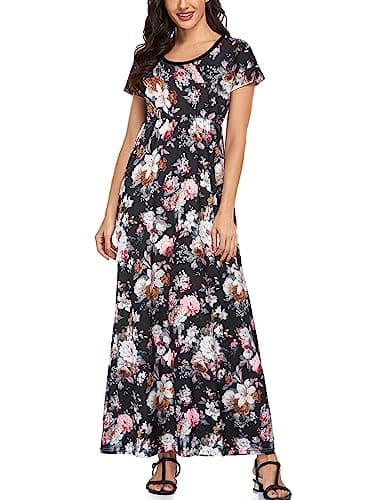 Lacavocor Womens Short Sleeve Maxi Dresses Empire Waist Long Dress, Small, Seamless Pink Flower