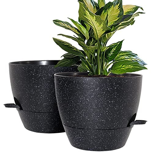 WOUSIWER 10 inch Self Watering Planters, 2 Pack Large Plastic Plant Pots with Deep Reservior and High Drainage Holes for Indoor Outdoor Plants and Flowers, Speckled Black
