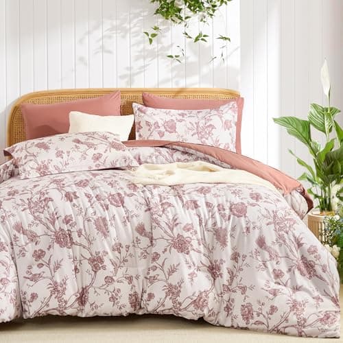 Luxudecor Floral Comforter Set Queen Size 7 Pieces, Blush Pink Flower with Bird Bed in a Bag, Soft Reversible Comforter with Sheet Bed Set 90"x90"