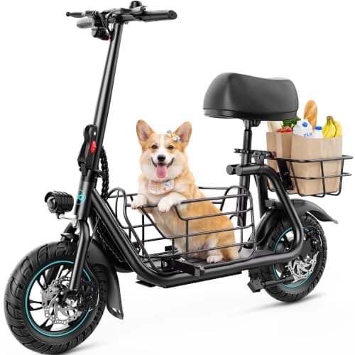 Gyroor C1S Electric Scooter with Seat for Adults - 550W Motor, Pet Basket, 19 MPH Top Speed, 20 Miles Range, 12" Pneumatic Tires, Foldable Commuting Scooter, Black