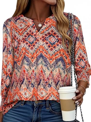 Blouses for Womens 3/4 Length Sleeve Casual Tops Loose V Neck T Shirt with Smocked Cuffs 2026 (Orange Boho, L)