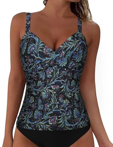 Firpearl Womens Tankini with Underwire Bra Support Front Twist Tankini Top Large Bust Tummy Control Bathing Suit Top Green Floral US10