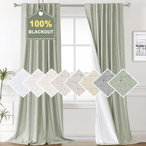 H.VERSAILTEX Christmas Sage 100% Blackout Curtains for Bedroom Faux Linen Texture Full Shade 84 Inches Long Complete Drapes for Living Room, Thermal Back Tab/Rod Pocket/Hook Belt Draperies 2 Panels