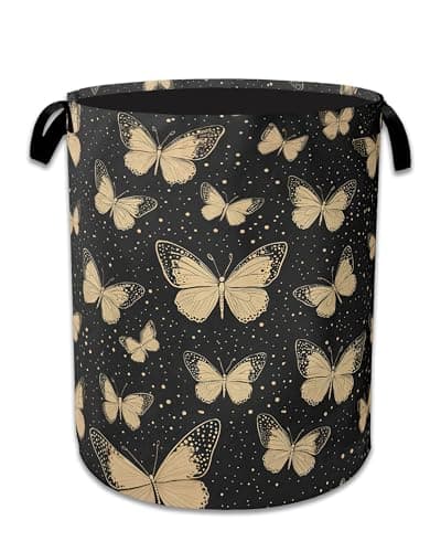 Golden Butterfly Laundry Basket,Foldable Waterproof Oxford Cloth Tote Bag Vintage Laundry Hamper with Handles,20.8"x16" Clothes Storage Bucket Organizer for Laundry Room, Bathroom, Bedroom