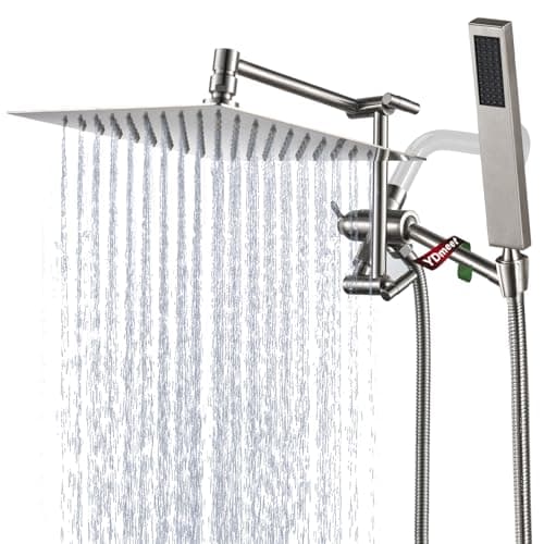 All Metal Rain Shower Head with Handheld Combo, YDmeet 10" Rainfall Shower Head, Stainless Steel Hand Wand, 3 Setting Diverter, Adjustable Extension Arm w/Lock Joints, Extra Long Hose, Brushed Nickel