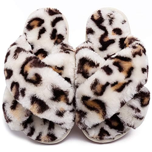 eccbox Girls Fluffy Slippers Kids Leopard Tie Dye Open Toe Memory Foam Slides Sandals Soft Plush Cross Band House Shoes Indoor Outdoor Slip On