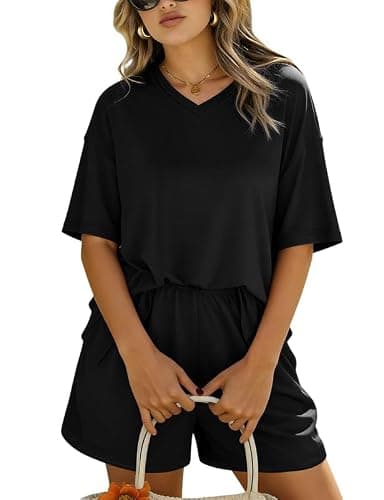Marvmys Womens Pajamas Set 2 Piece Oversized Outfits Short Sleeve T-shirt Top and Shorts Sleepwear Soft Black S