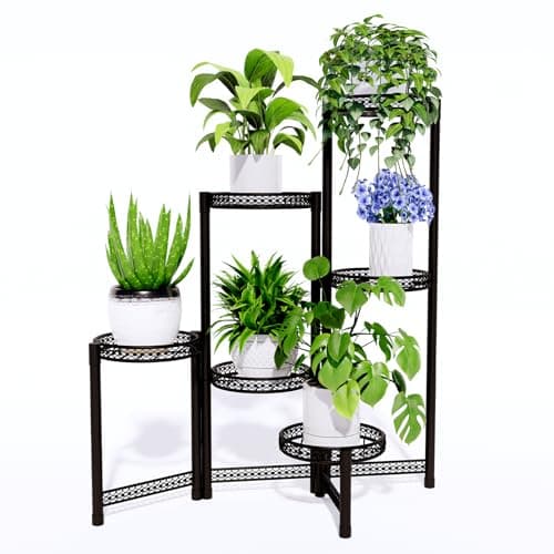 6-Tier Metal Plant Stand Indoor Outdoor - Corner Tall Plant Shelf for Multiple Plants, Foldable Heavy Duty Plant Holder - Decoration flower Stand for House Living Room Balcony Garden Patio - Black