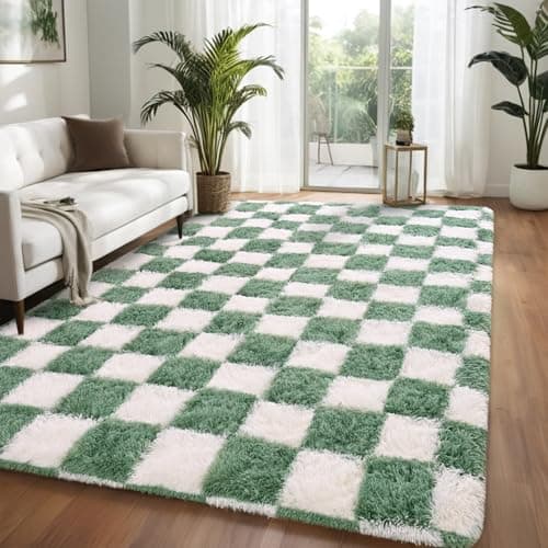 Larhom Nuttumico 5x7 Feet Sage Green White Checkered Rug, Fluffy Plaid Area Rug for Bedroom Living Room, Cute Plush Fluffy Rugs for Girls Room, Nursery Dorm, Non-Slip, High Pile