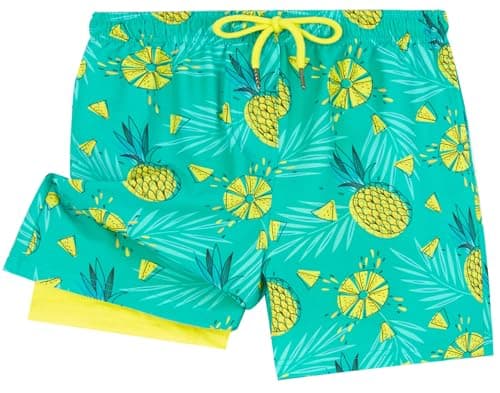 UMELOK Boys Swim Trunks Swimsuit Boxer Brief 2 in 1 Compression Liner Stretch Swim Shorts Quick Dry Beach Bathing Suit Neon Pineapple 5/6