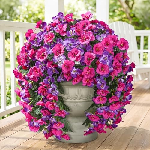 Fake Hibiscus Artificial Hanging Flowers Plants for Outdoors Decoration, 2pcs Silk Hibiscus Vines Realistic UV Resistant Purple Fuchsia Faux Flowers for Outside Planter Porch Patio Yard Home Party