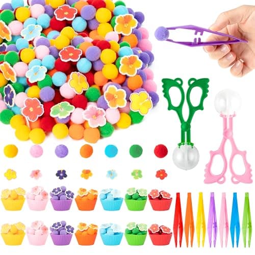 EZdhuawuse Summer Sensory Bin Fillers - 304Pcs Hawaii Flower Fine Motor Toys Counting Sorting for Kids, Felt Colorful Hawaii Flower Pom Poms Cup Clip for Preschool Education Birthday Gift Party Favors
