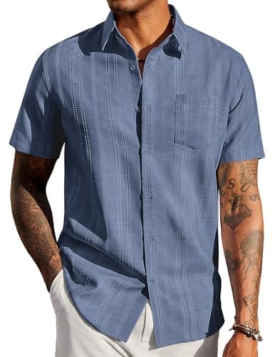 COOFANDY Mens Short Sleeve Casual Shirts Jacquard Button Down Shirt with Pocket Beach Wedding Outfits Grey Blue