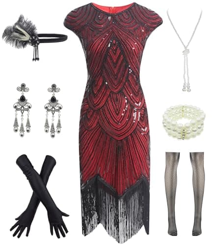 Letter Love Women 1920s Vintage Flapper Fringe Beaded Gatsby Party Dress With 20s Accessories Set (XXL, Black Red)