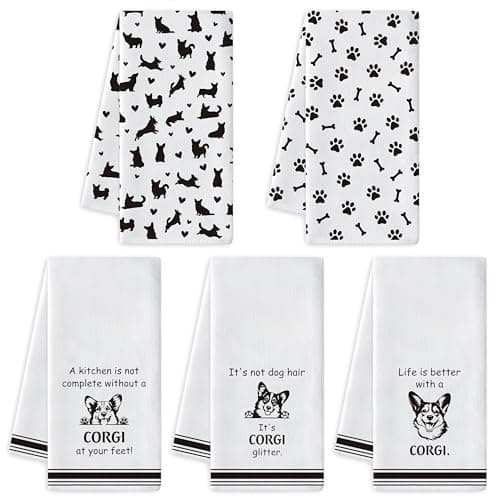 R HORSE Corgi Kitchen Dish Towel Set- 5Pcs Cute Corgi Cleaning Dishcloth Animal Dog Absorbent Bar Quick Dry Hand Towel Tea Towels for Dog Lovers Hostess Bathroom Kitchen Home Decors
