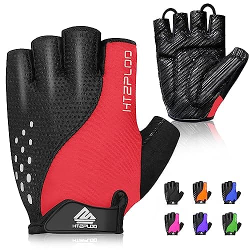 HTZPLOO Bike Gloves - Cycling Gloves for Men & Women, Anti-Slip, Shock-Absorbing, Light Weight, Half Finger (Red, X-Small)
