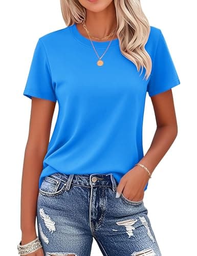 MAGCOMSEN Women's Short-Sleeve Tee Crew-Neck Classic-Fit Breathable T-Shirt Casual Basic Tops Cotton Shirt, Azure Blue, S
