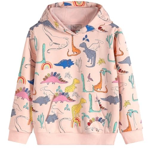 Julerwoo Girls Cotton Pocket Hoodie Dinosaur Sweatshirts Tops (7-8Y, Pink)