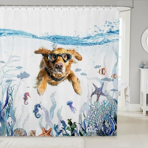 Feelyou Boys Girls Ocean Bathroom Shower Curtain Set Cute Dog Marine Life Bath Curtain Beach Coastal Shower Curtain Kids Sea Underwater World Teens Bathroom Accessories Bedroom Decor 72"x72"