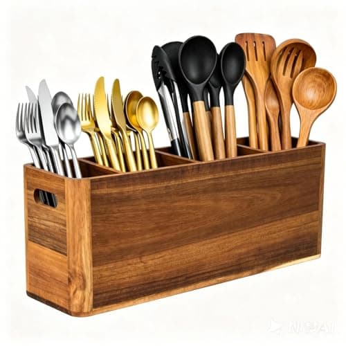 Utensil Holder, Kitchen Utensil Holder, Acacia Wooden Utensil Holder, Kitchen Utensil Holder for Countertop, Extra Large Utensil Holder for Storage Cooking Tools and Silverware with 4 Compartments