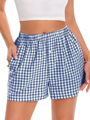 Boxer Shorts for Women Summer Gingham Pajama Casual Plaid Shorts Y2K Beach Bottoms with Pocket(Blue, M)