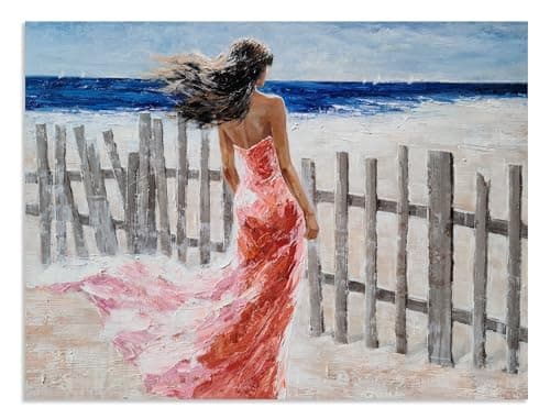 NdcSkyArt Beach Canvas Wall Art - Beautiful Lady, Fence, Coastal Pictures - Hand Painted Seaview Artwork for Living Room, Bedroom, and Bathroom