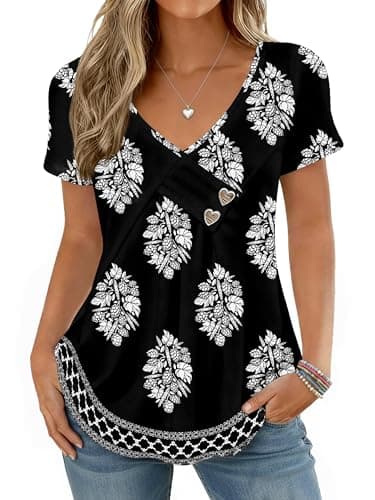 Womens Short Sleeve Summer Tops Button V Neck Tunic Shirts Dressy Casual Loose Fit Outfits