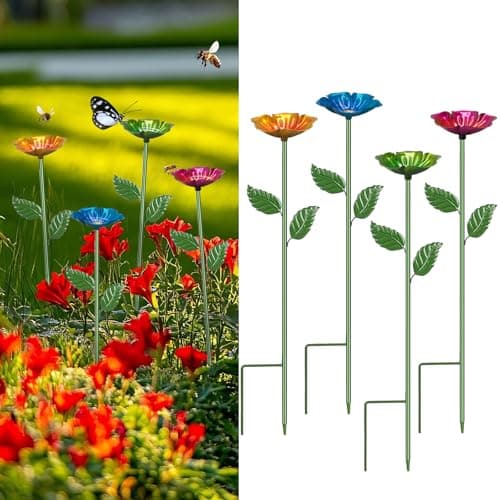 Yonisun 4 Pack Bee Watering Station,Colorful Metal Insect Bath Feeder for Garden, Butterfly Feeder and Bird Drinking with Flower Design, Outdoor Yard Decor (Red, Blue,Yellow,Green)