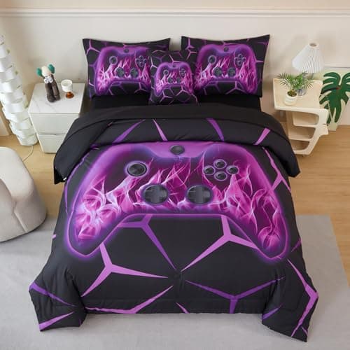 ZSYAYAHA Kids Bedding Set Queen Size Gamer Comforter for Boys Girls Teens Black Purple Gamepad Bed Set Lightweight Microfiber 6 Pieces Bed in A Bag for All Seasons(Purple, Queen)