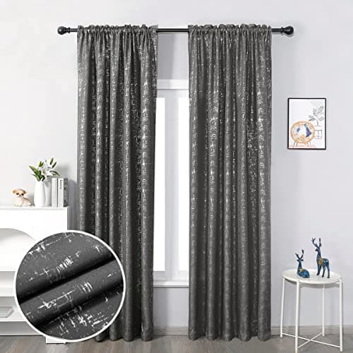 Taisier Home Silver Foil Print Linen Textured Curtains Geometric Dots Pattern Design Curtains for Bedroom Thermal Insulated Window Treatment 2 Panels 84" L,Dark Grey and Silver Drapes Print