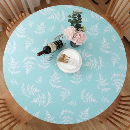 Subakvo Round Vinyl Fitted Tablecloth, Waterproof Elastic Table Covers Wipeable Flannel Backed Tablecloths for Picnic Camping Indoor and Outdoor (Leaf, Turquoise, Fits 40" - 44" Diameter Tables)