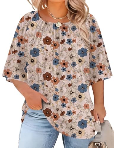 LOMON Tunic Tops for Women Loose Fit Dressy 3/4 Sleeve Crewneck Blouses Bohemian Vacation Casual Shirts (Apricot Floral, XL)