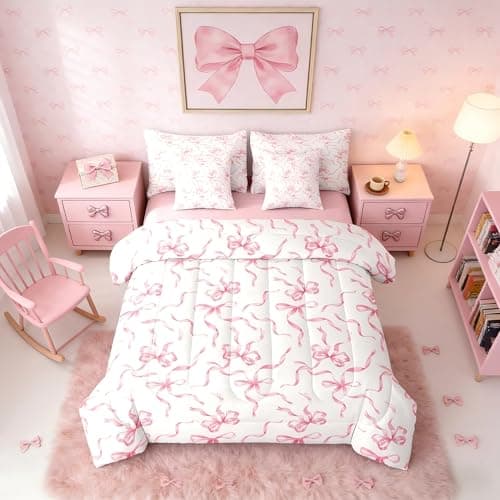 Erosebridal Princess Bow 7 Piece Bedding Set Full Coquette Bowknot Comforter Set with Sheets Girly Coquette Aesthetic Bed in a Bag Pink Kawaii Ribbon Bed Sets Fantasy Tie Comforter